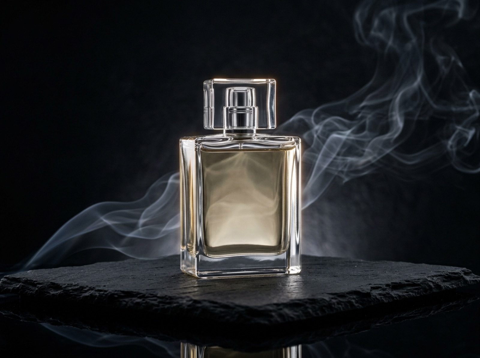 Commercial still: a glass perfume bottle in dramatic light