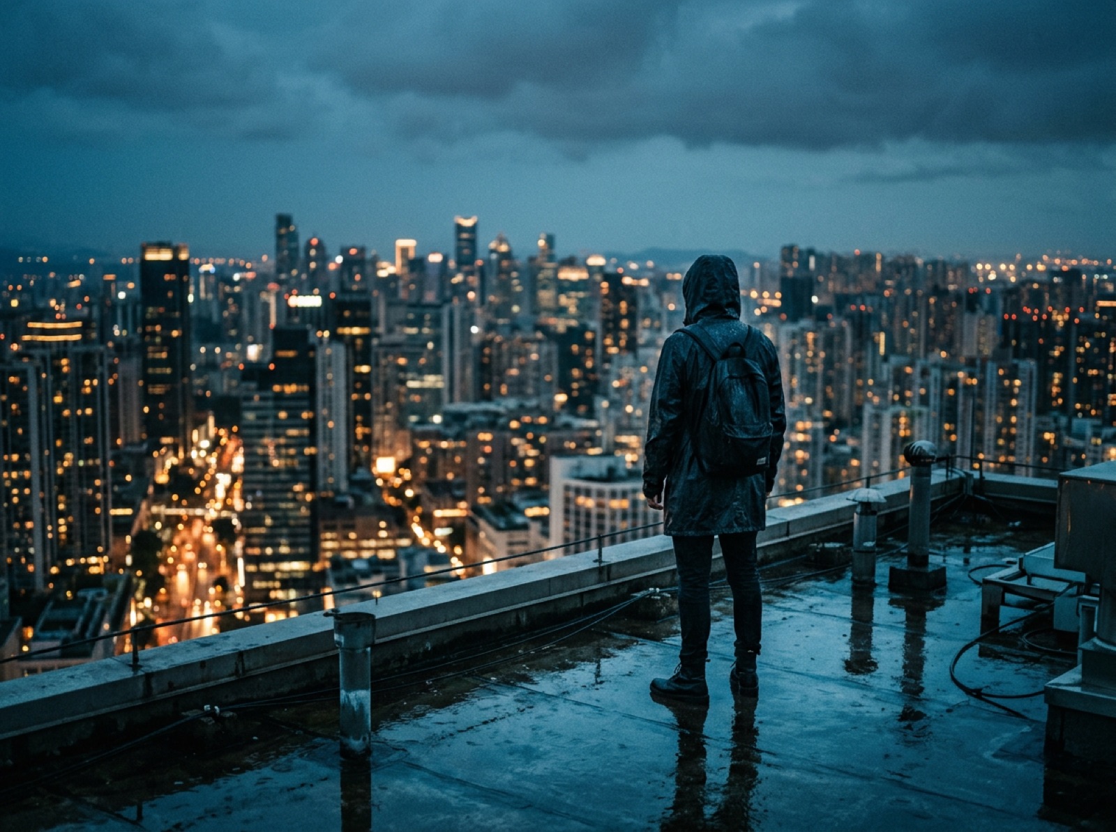 Cinematic still: a figure on a rooftop overlooking a city at dusk