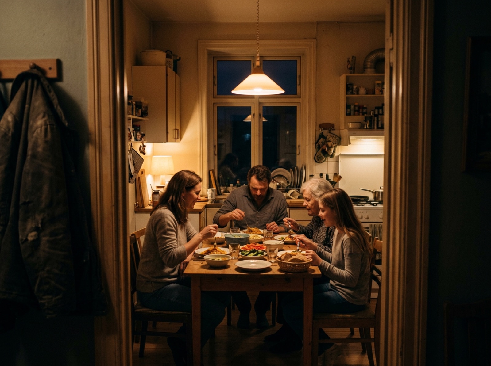 Drama still: a family dinner seen through a doorway